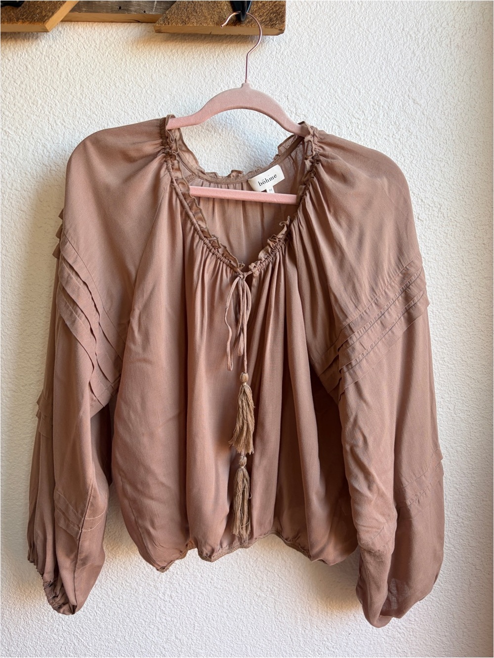 Bohme Brown Flowy Cinch Neck Peasant Blouse Medium